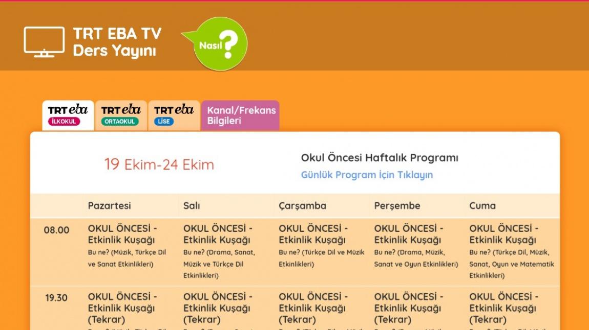EBA TV OKUL ÖNCESİ HAFTALIK PROGRAMI