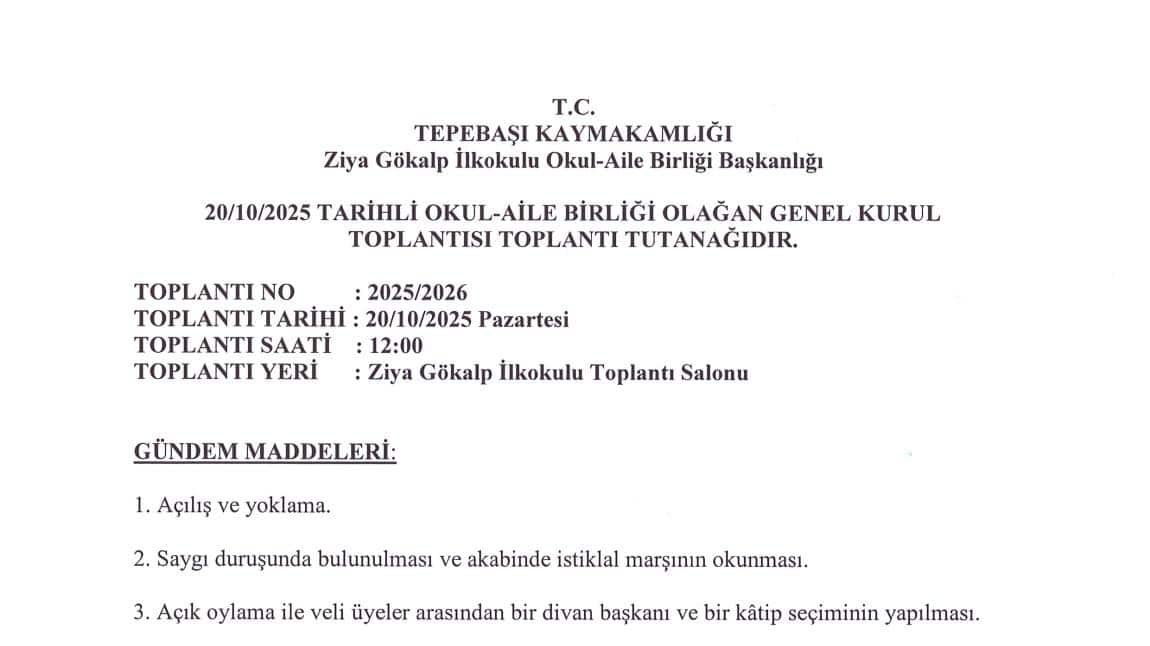 20/10/2025 TARİHLİ OKUL-AİLE BİRLİĞİ OLAĞAN GENEL KURUL TOPLANTISI 
